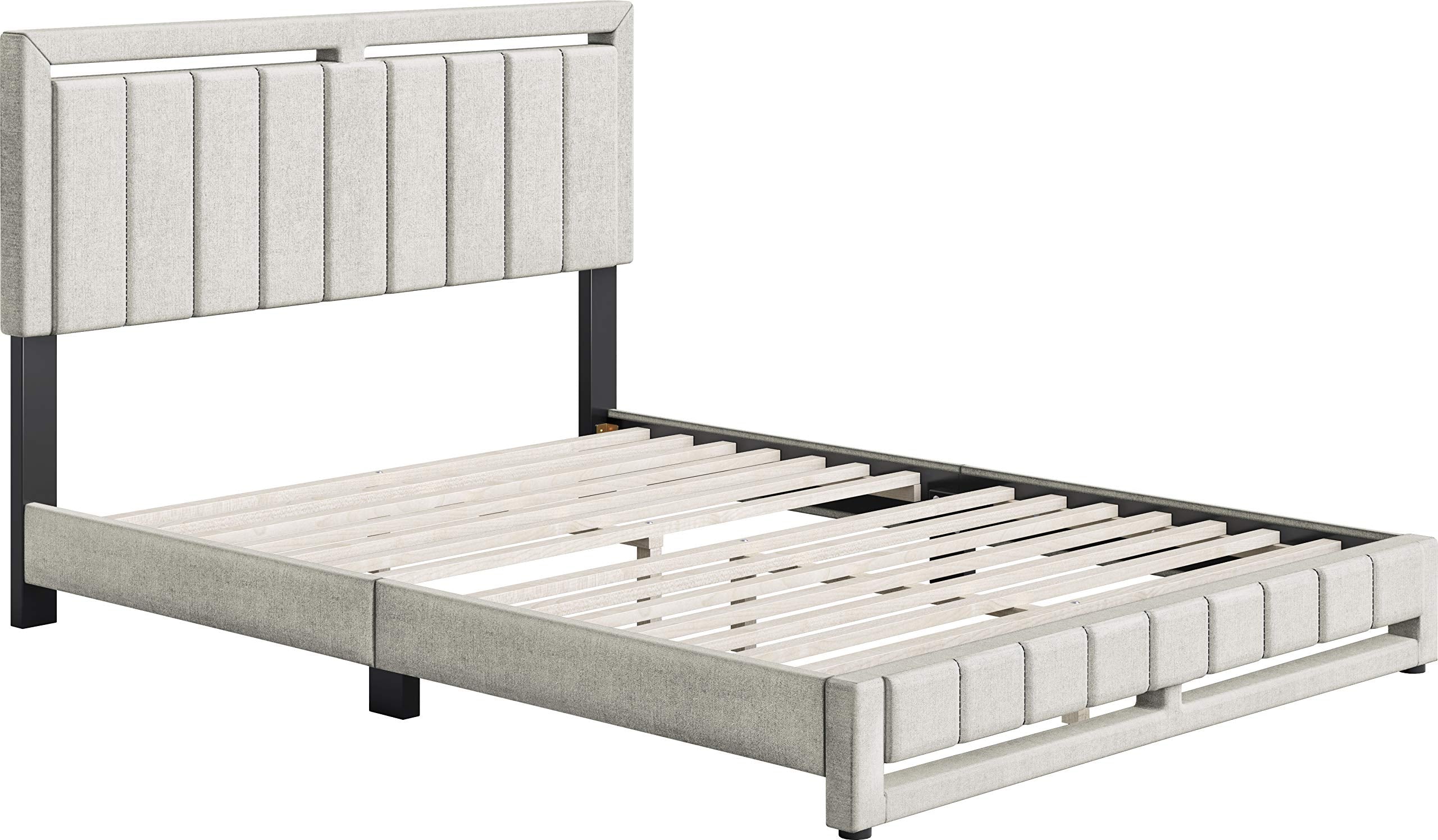 Boyd Sleep Beaumont Upholstered Platform Bed with Headboard, Mattress Foundation with Strong 14 Wood Slat Supports, No Box Spring Required, White Linen, Size Queen